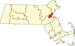 Map of Massachusetts highlighting Suffolk County